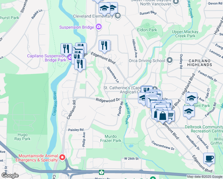 map of restaurants, bars, coffee shops, grocery stores, and more near 1262 Bedford Court in North Vancouver