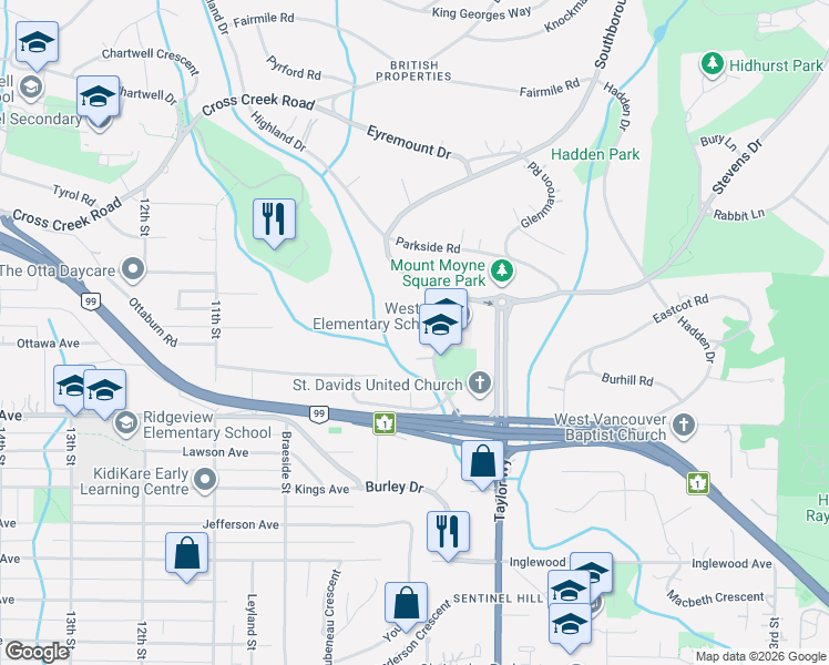 map of restaurants, bars, coffee shops, grocery stores, and more near 776 Westcot Place in West Vancouver