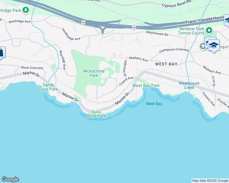 map of restaurants, bars, coffee shops, grocery stores, and more near 3602 Creery Avenue in West Vancouver