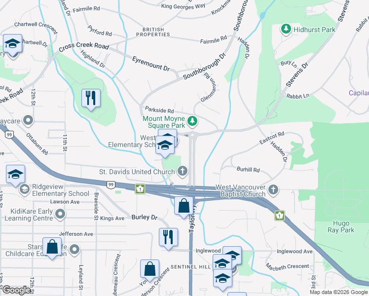 map of restaurants, bars, coffee shops, grocery stores, and more near 1665 Taylor Way in West Vancouver