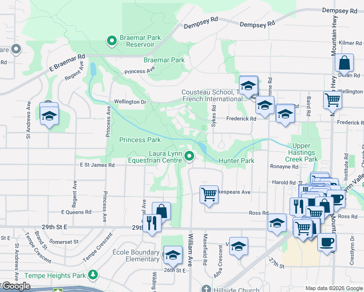 map of restaurants, bars, coffee shops, grocery stores, and more near 3398 William Avenue in North Vancouver