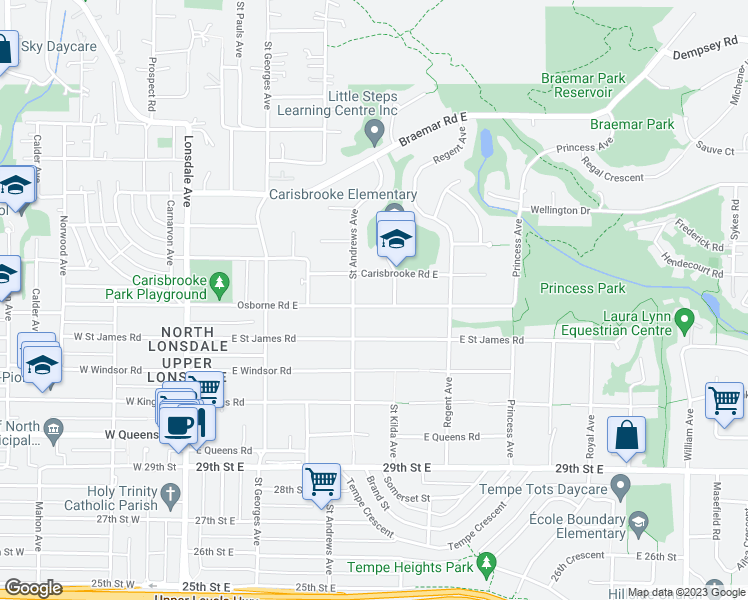map of restaurants, bars, coffee shops, grocery stores, and more near 448 Osborne Road East in North Vancouver