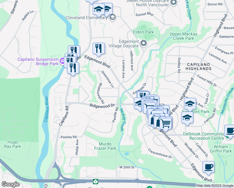 map of restaurants, bars, coffee shops, grocery stores, and more near 1200 Bedford Court in North Vancouver