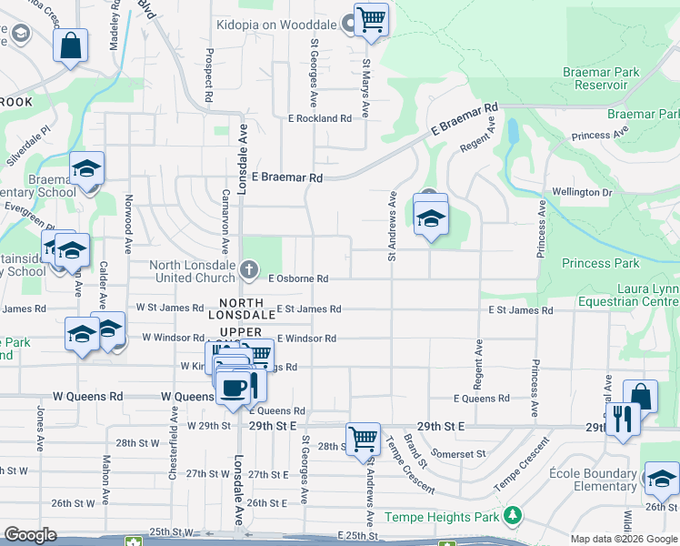 map of restaurants, bars, coffee shops, grocery stores, and more near in North Vancouver