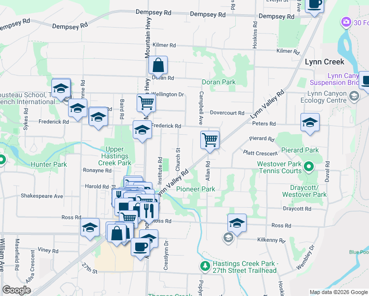 map of restaurants, bars, coffee shops, grocery stores, and more near 3444 Church Street in Vancouver