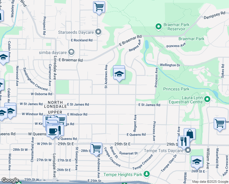 map of restaurants, bars, coffee shops, grocery stores, and more near 460 Osborne Road East in North Vancouver
