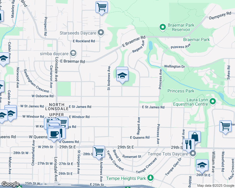 map of restaurants, bars, coffee shops, grocery stores, and more near 491 Carisbrooke Road East in North Vancouver