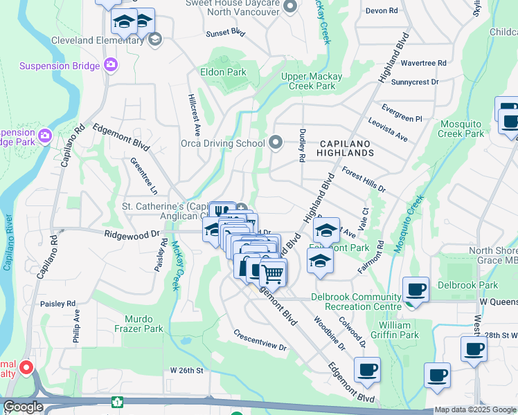 map of restaurants, bars, coffee shops, grocery stores, and more near 3404 Ayr Avenue in North Vancouver