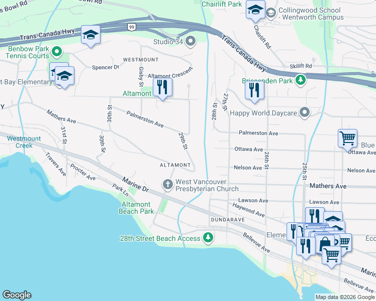 map of restaurants, bars, coffee shops, grocery stores, and more near 1760 29th Street in West Vancouver