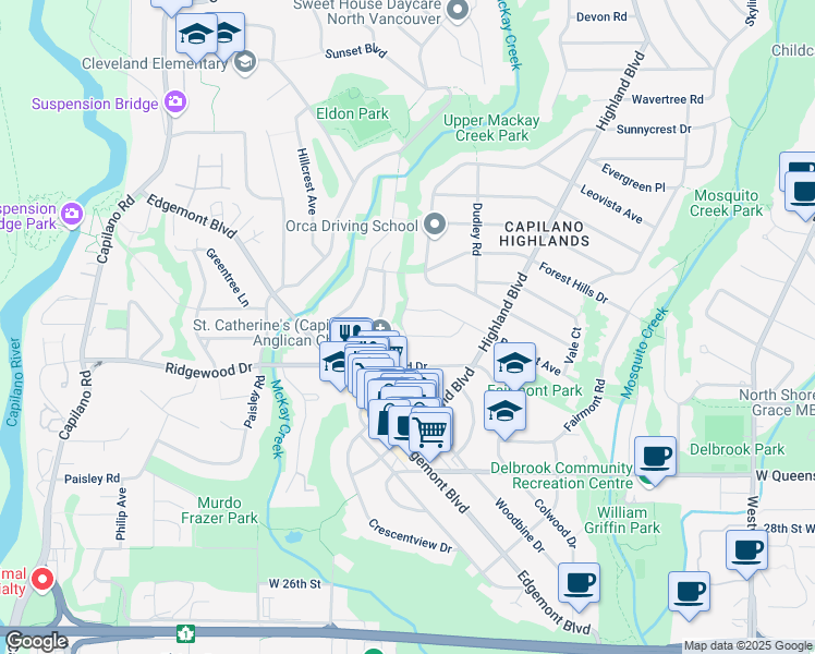 map of restaurants, bars, coffee shops, grocery stores, and more near 3404 Ayr Avenue in North Vancouver