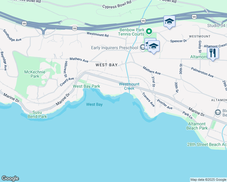 map of restaurants, bars, coffee shops, grocery stores, and more near 3330 Radcliffe Avenue in West Vancouver