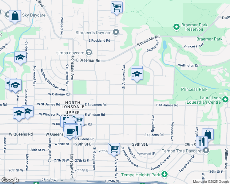 map of restaurants, bars, coffee shops, grocery stores, and more near 338 East Osborne Road in North Vancouver
