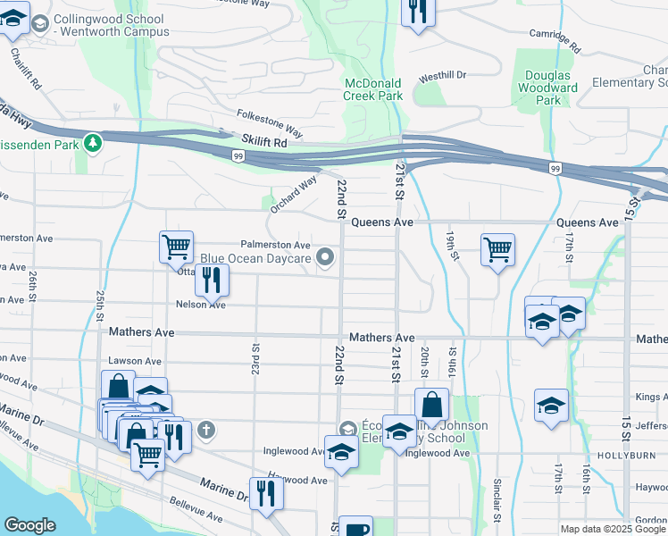 map of restaurants, bars, coffee shops, grocery stores, and more near 1715 22nd Street in West Vancouver