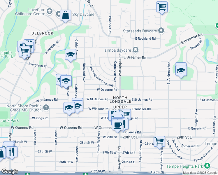 map of restaurants, bars, coffee shops, grocery stores, and more near 144 Osborne Road West in North Vancouver