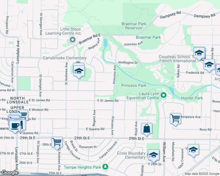 map of restaurants, bars, coffee shops, grocery stores, and more near 686 Osborne Road East in North Vancouver