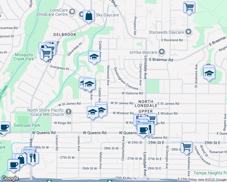map of restaurants, bars, coffee shops, grocery stores, and more near in North Vancouver