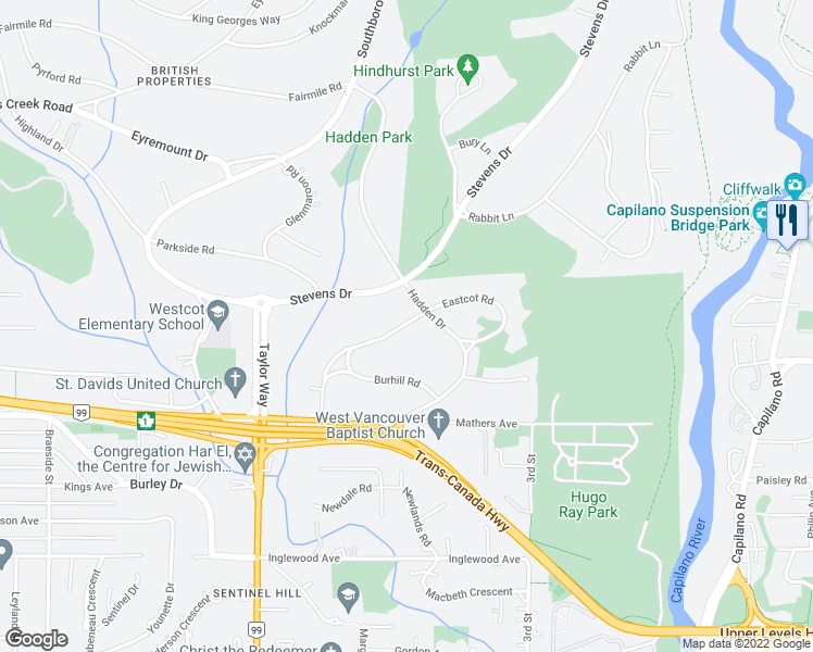 map of restaurants, bars, coffee shops, grocery stores, and more near 510 Eastcot Road in West Vancouver