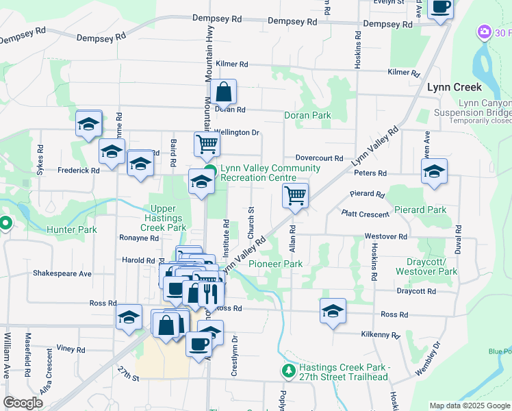 map of restaurants, bars, coffee shops, grocery stores, and more near 3446 Church Street in North Vancouver