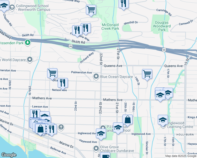 map of restaurants, bars, coffee shops, grocery stores, and more near 1715 22nd Street in West Vancouver