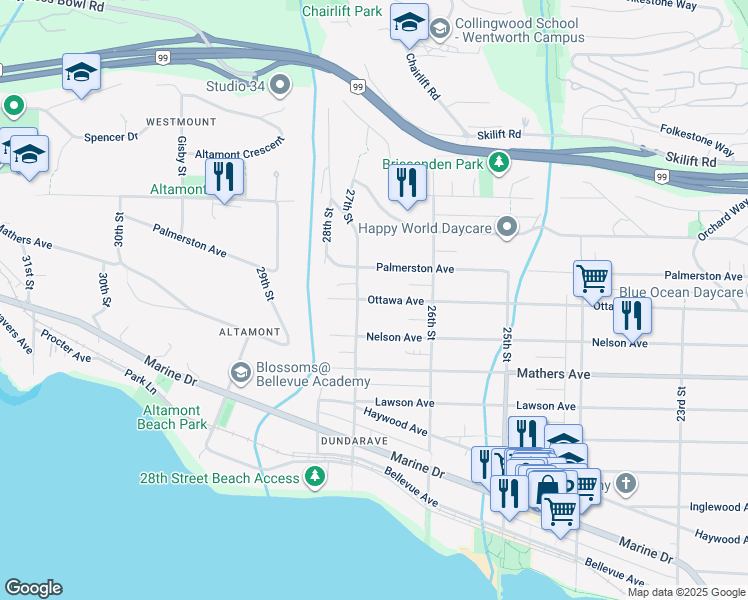 map of restaurants, bars, coffee shops, grocery stores, and more near 2678 Ottawa Avenue in West Vancouver