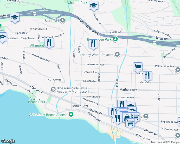 map of restaurants, bars, coffee shops, grocery stores, and more near 2651 Ottawa Avenue in West Vancouver