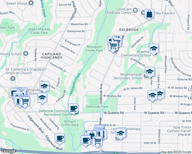 map of restaurants, bars, coffee shops, grocery stores, and more near 714 Donegal Place in North Vancouver