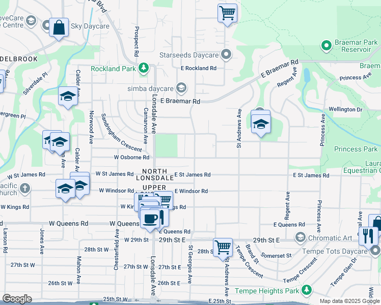 map of restaurants, bars, coffee shops, grocery stores, and more near 194 Osborne Road East in North Vancouver