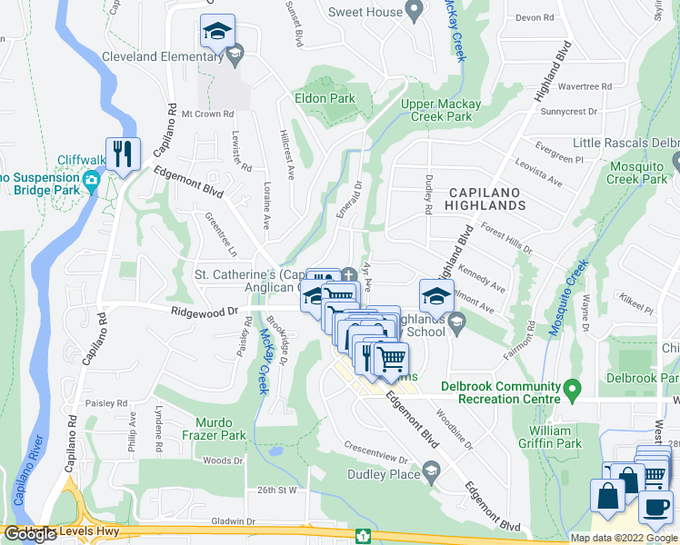 map of restaurants, bars, coffee shops, grocery stores, and more near 3476 Wellington Crescent in North Vancouver