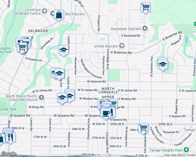 map of restaurants, bars, coffee shops, grocery stores, and more near 144 Osborne Road West in North Vancouver