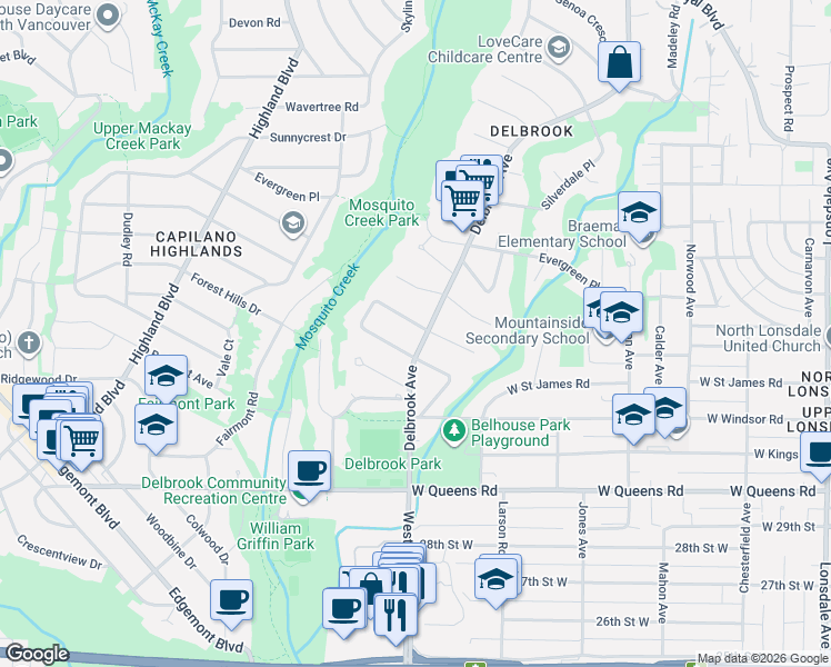 map of restaurants, bars, coffee shops, grocery stores, and more near 799 Donegal Place in North Vancouver