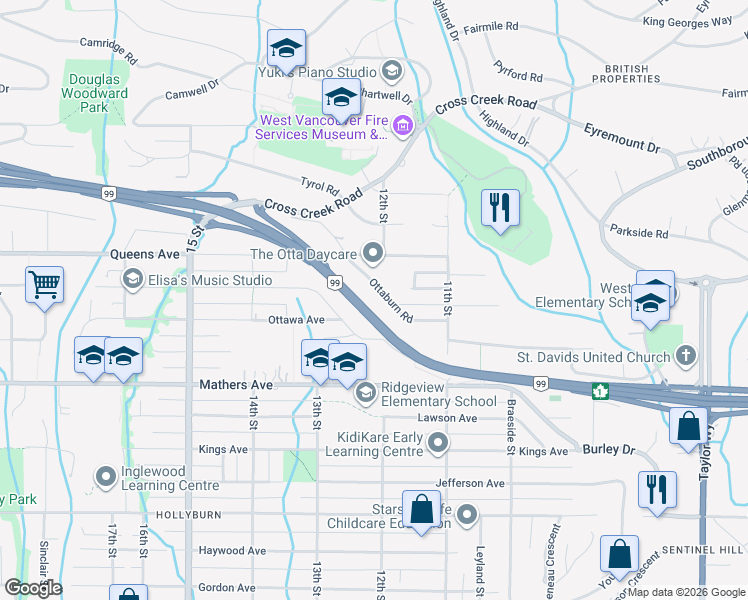 map of restaurants, bars, coffee shops, grocery stores, and more near 1204 Ottaburn Road in West Vancouver