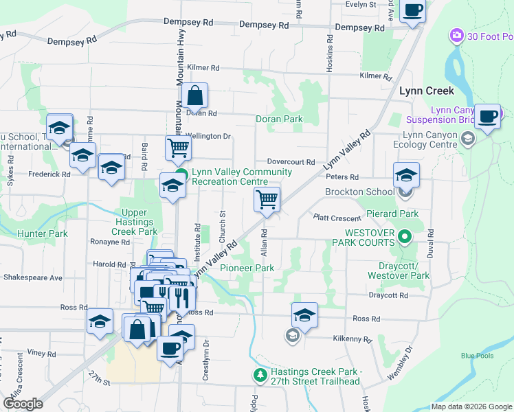map of restaurants, bars, coffee shops, grocery stores, and more near 3523 Allan Road in North Vancouver