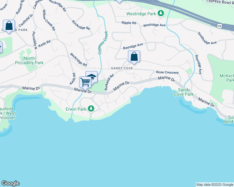 map of restaurants, bars, coffee shops, grocery stores, and more near 4215 Evergreen Avenue in West Vancouver