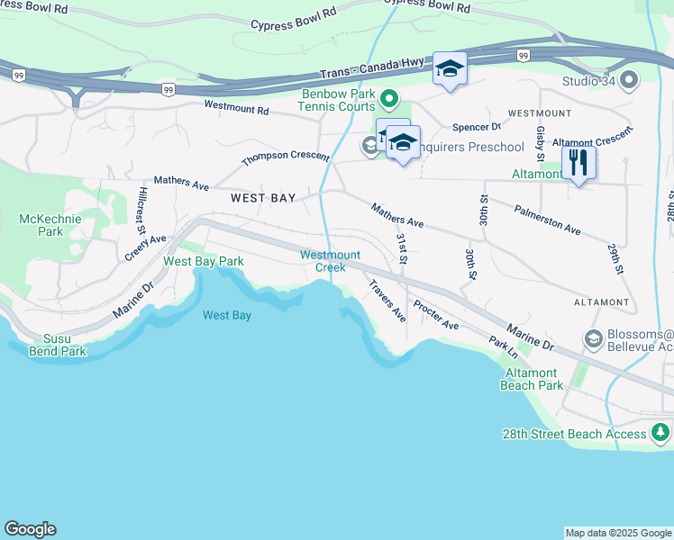 map of restaurants, bars, coffee shops, grocery stores, and more near 3248 Marine Drive in West Vancouver