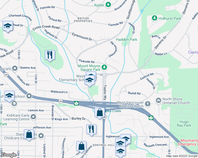 map of restaurants, bars, coffee shops, grocery stores, and more near 1685 Taylor Way in West Vancouver