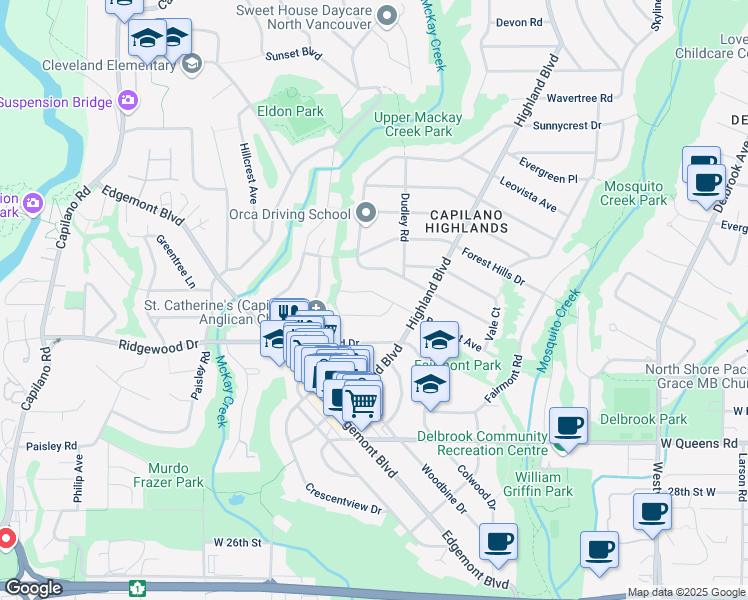 map of restaurants, bars, coffee shops, grocery stores, and more near 1029 Belmont Avenue in North Vancouver