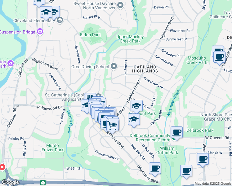 map of restaurants, bars, coffee shops, grocery stores, and more near 1029 Belmont Avenue in North Vancouver