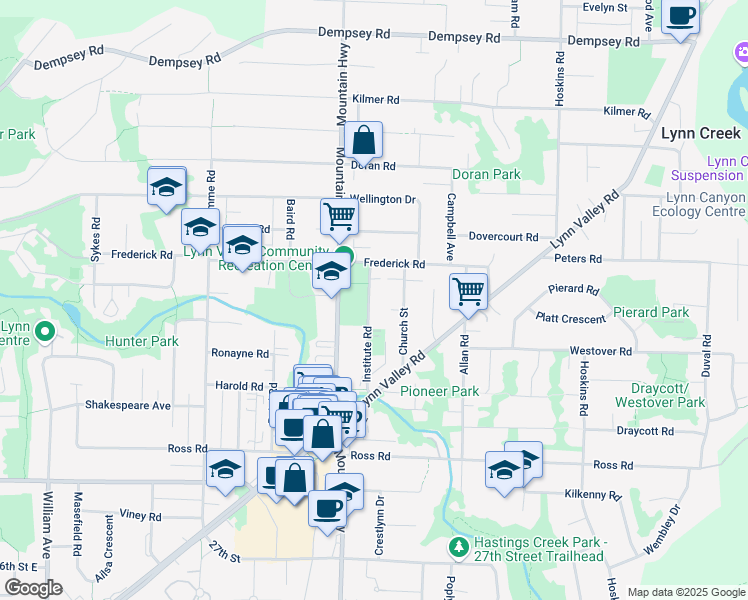 map of restaurants, bars, coffee shops, grocery stores, and more near 3490 Institute Road in North Vancouver