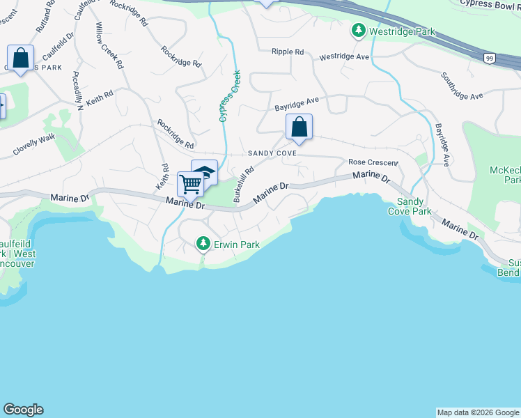 map of restaurants, bars, coffee shops, grocery stores, and more near 4215 Evergreen Avenue in West Vancouver