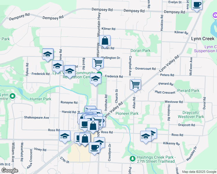 map of restaurants, bars, coffee shops, grocery stores, and more near 3490 Institute Road in North Vancouver