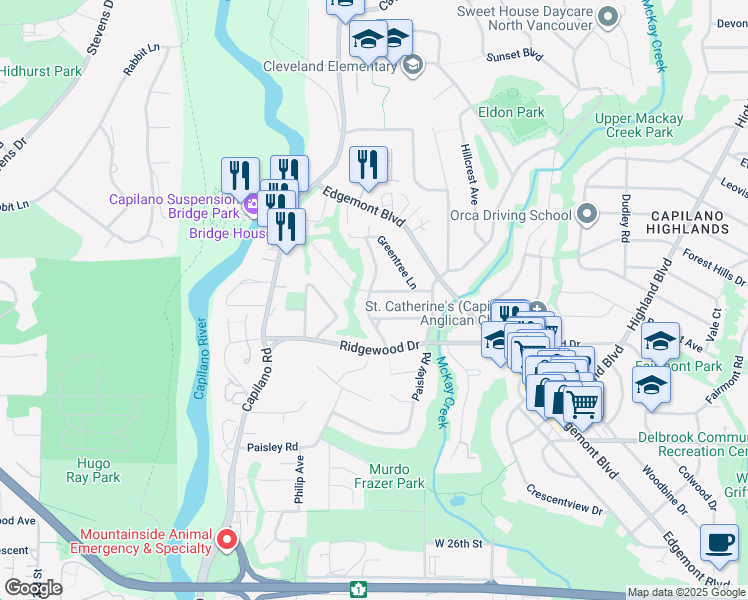 map of restaurants, bars, coffee shops, grocery stores, and more near 3440 Bluebonnet Road in North Vancouver