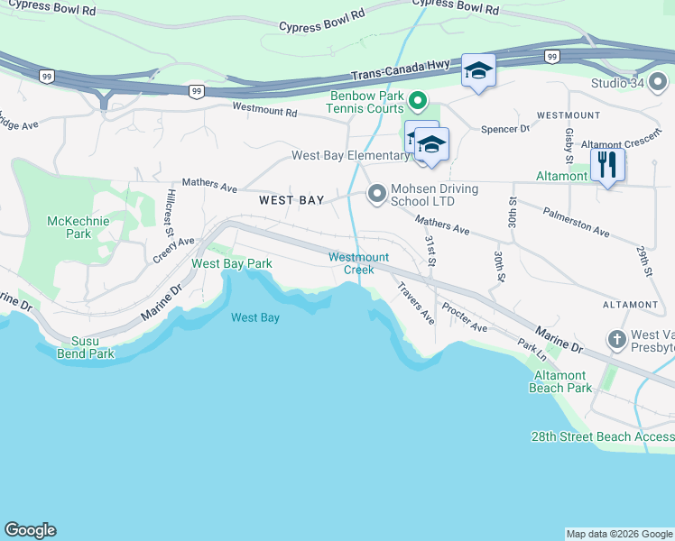 map of restaurants, bars, coffee shops, grocery stores, and more near 3298 Radcliffe Avenue in West Vancouver
