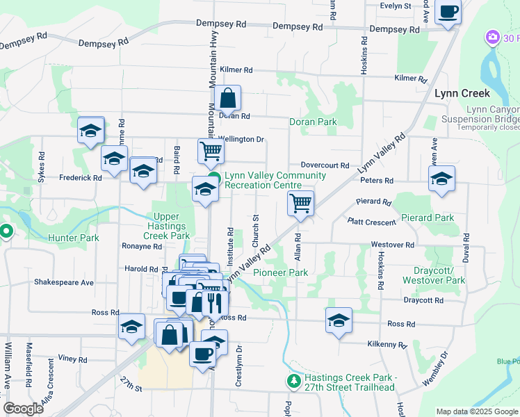 map of restaurants, bars, coffee shops, grocery stores, and more near 3490 Church Street in North Vancouver
