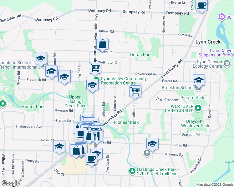 map of restaurants, bars, coffee shops, grocery stores, and more near 3533 Upton Road in North Vancouver