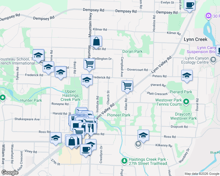 map of restaurants, bars, coffee shops, grocery stores, and more near in North Vancouver