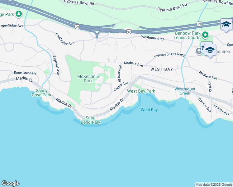 map of restaurants, bars, coffee shops, grocery stores, and more near 3570 Creery Avenue in West Vancouver