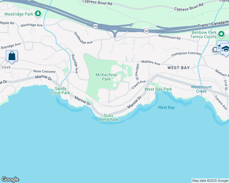map of restaurants, bars, coffee shops, grocery stores, and more near 3670 McKechnie Avenue in West Vancouver