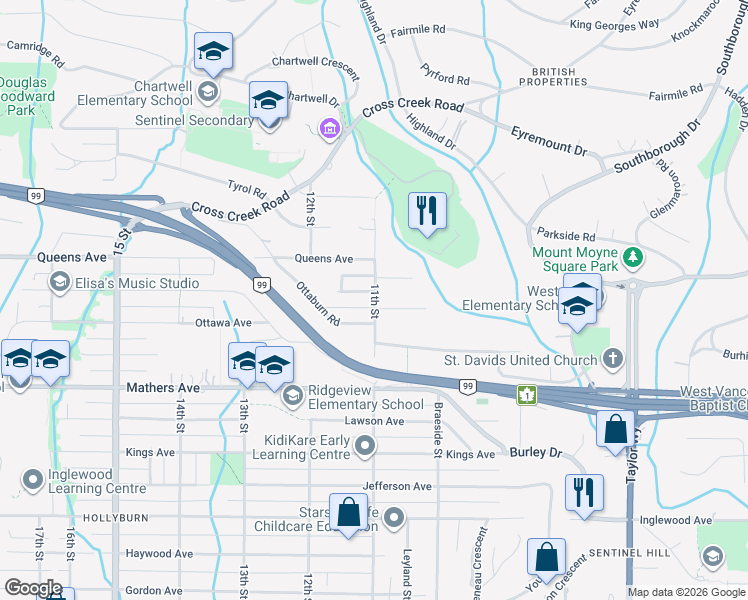 map of restaurants, bars, coffee shops, grocery stores, and more near 1100 Palmerston Avenue in West Vancouver