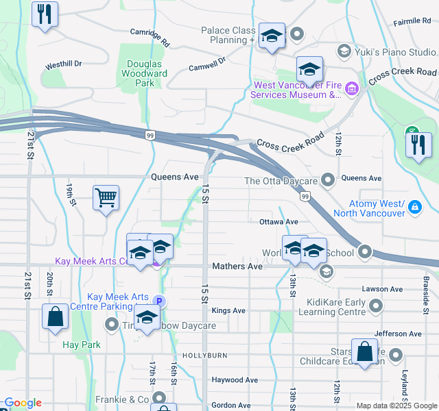 map of restaurants, bars, coffee shops, grocery stores, and more near 1488 Palmerston Avenue in West Vancouver
