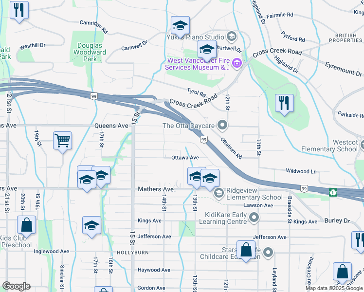 map of restaurants, bars, coffee shops, grocery stores, and more near 1350 Palmerston Avenue in West Vancouver